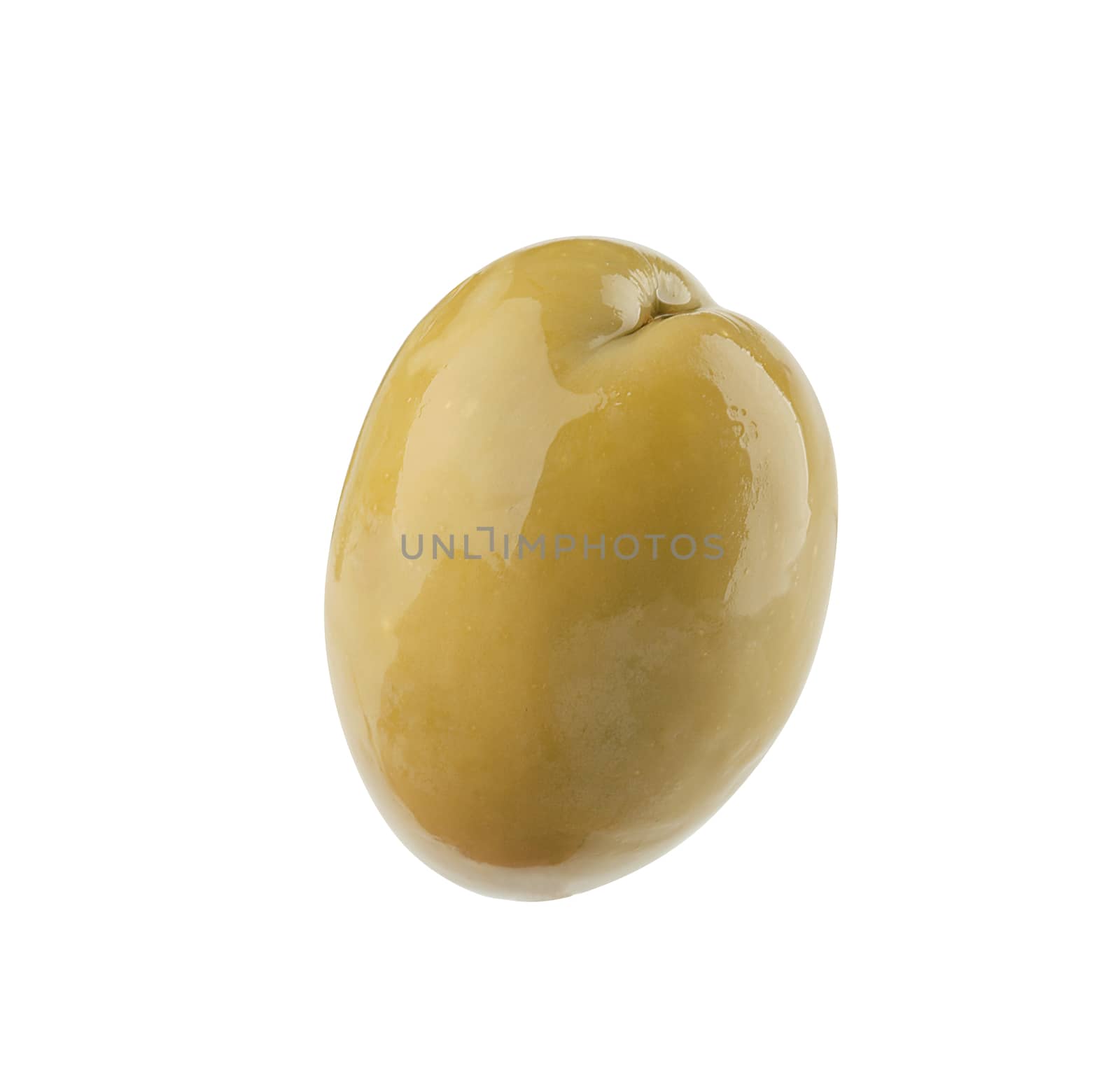 Isolated madinated green olive with the pit on the white background