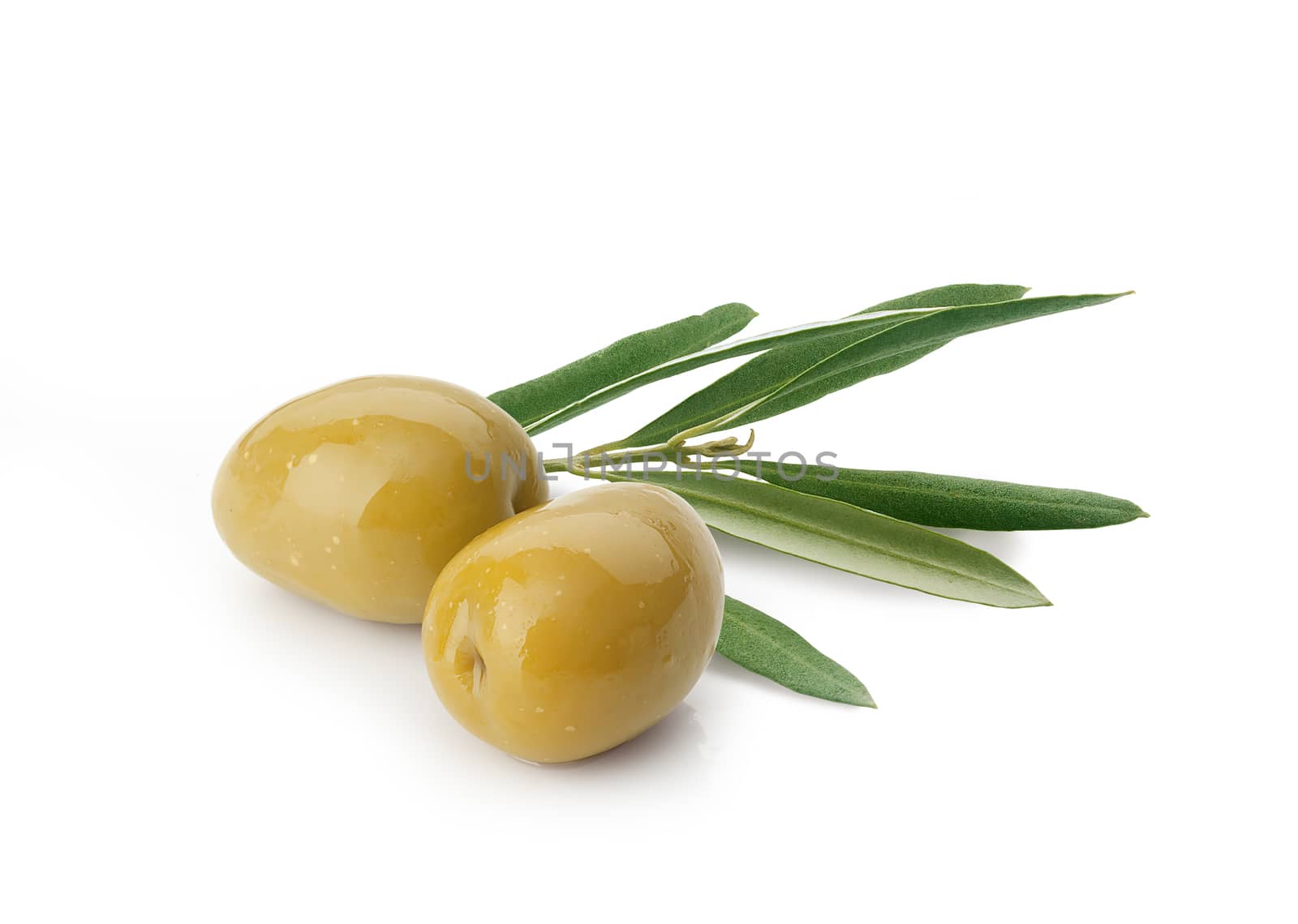 Two green olives with leaves by Angorius