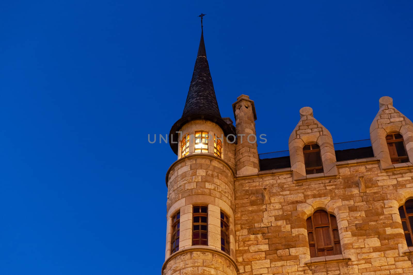 Leon, Spain - 9 December 2019: Tower of Casa Botines