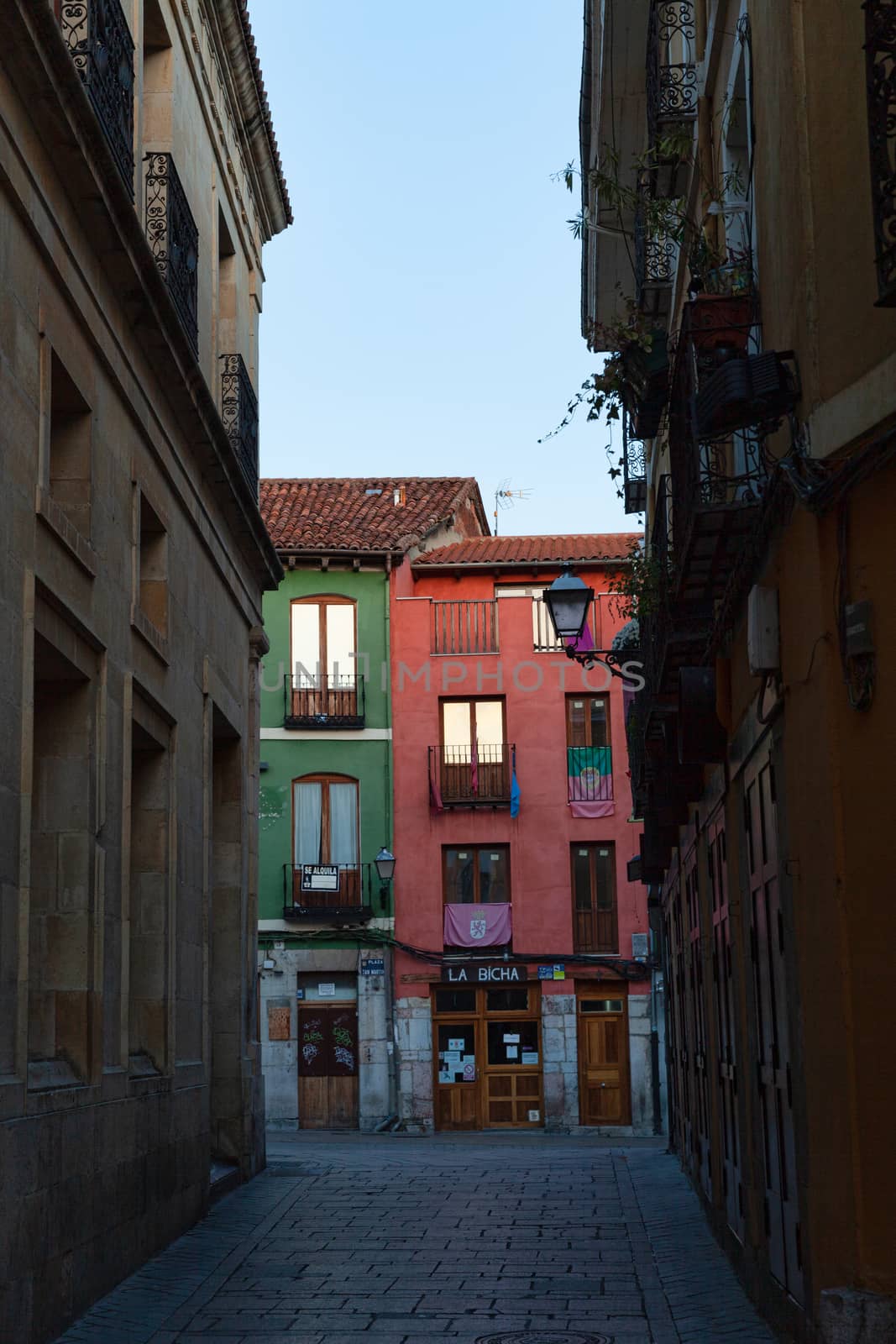 Leon, Spain - 9 December 2019: Barrio Humedo at dusk, Plaza San Martín