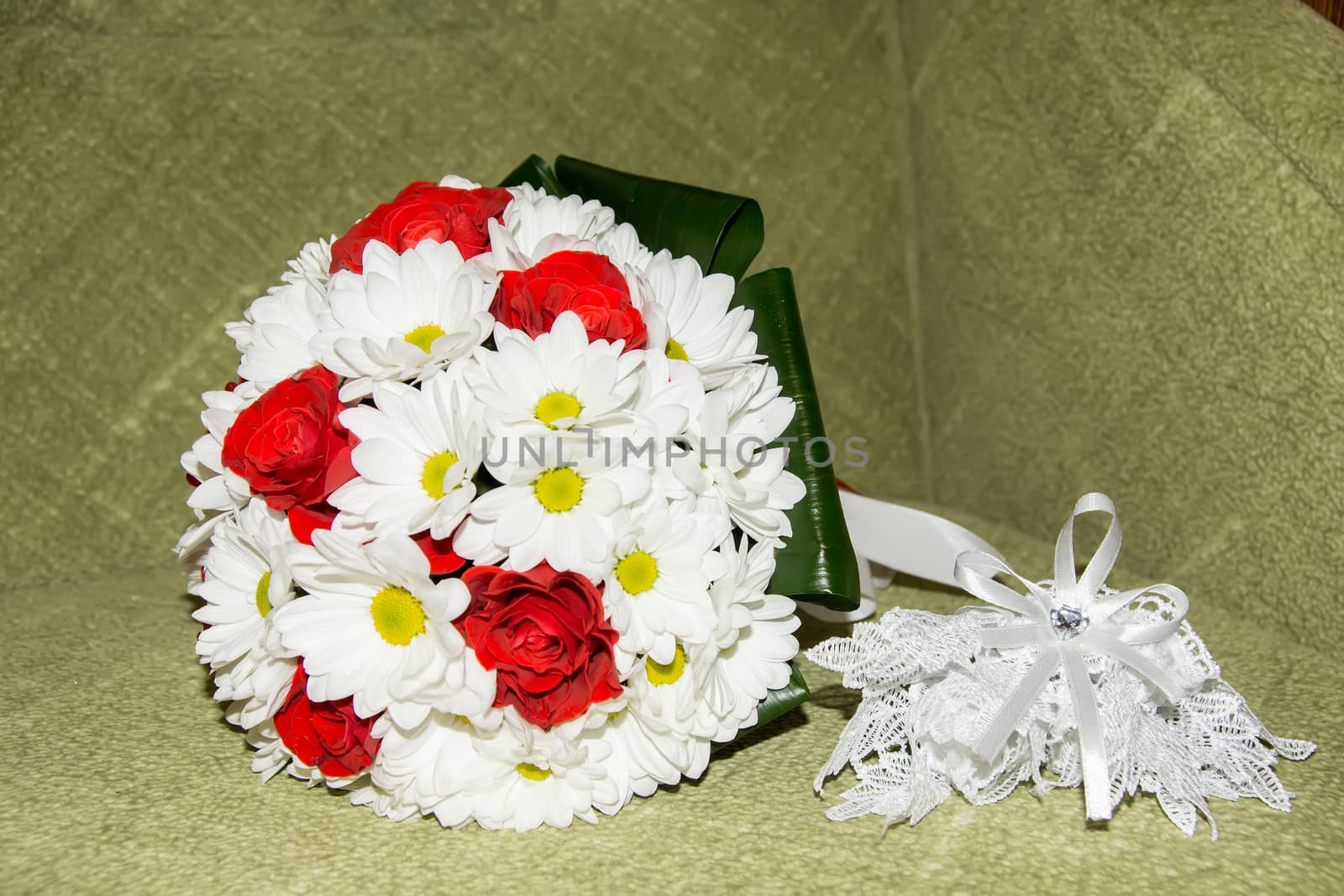 white red bride bouquet and groom boutonniere by Serhii_Voroshchuk