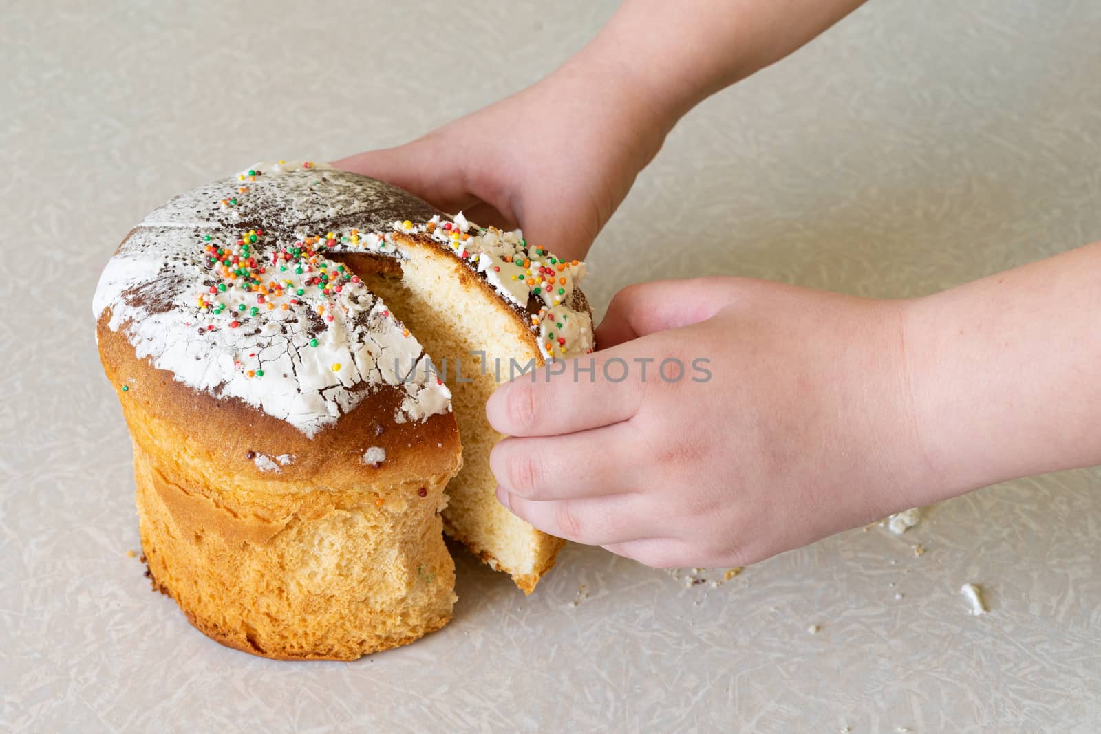 Easter cake with baby eggs painted on a plate