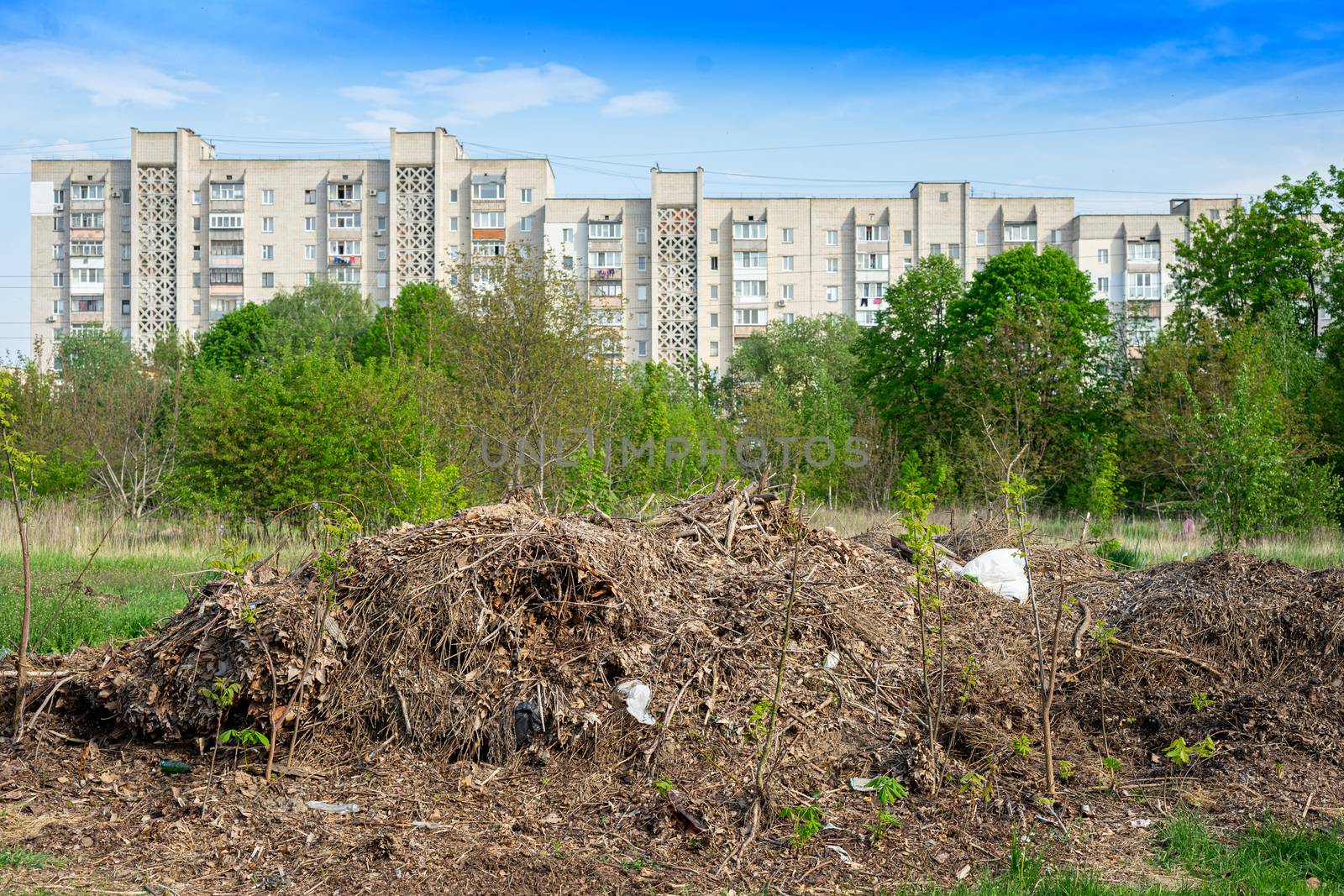 A big pile of garbage and last year's leaves in the protected area. Danger of fire in the park. Houses in the background