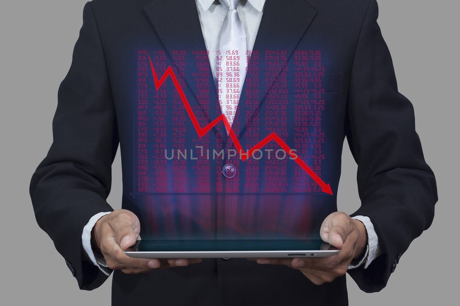 Hologram of stock market price display chart pop up from tablet