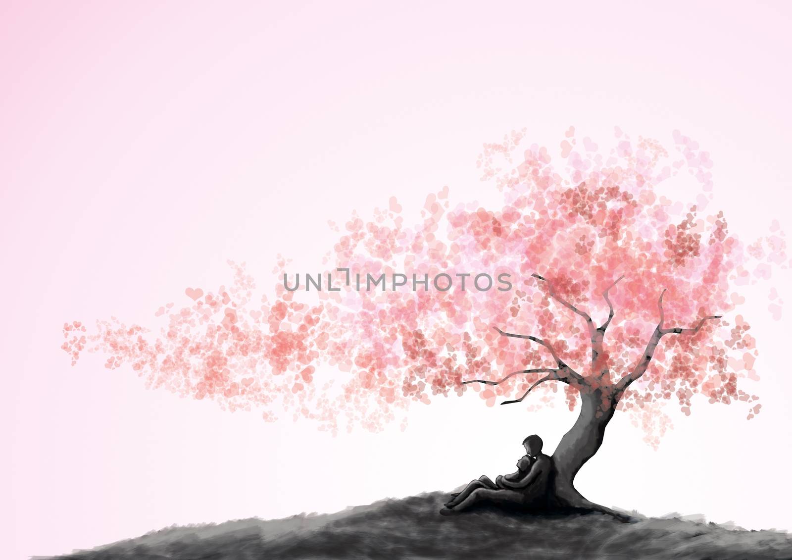 Dating couple under a love tree, painting style.