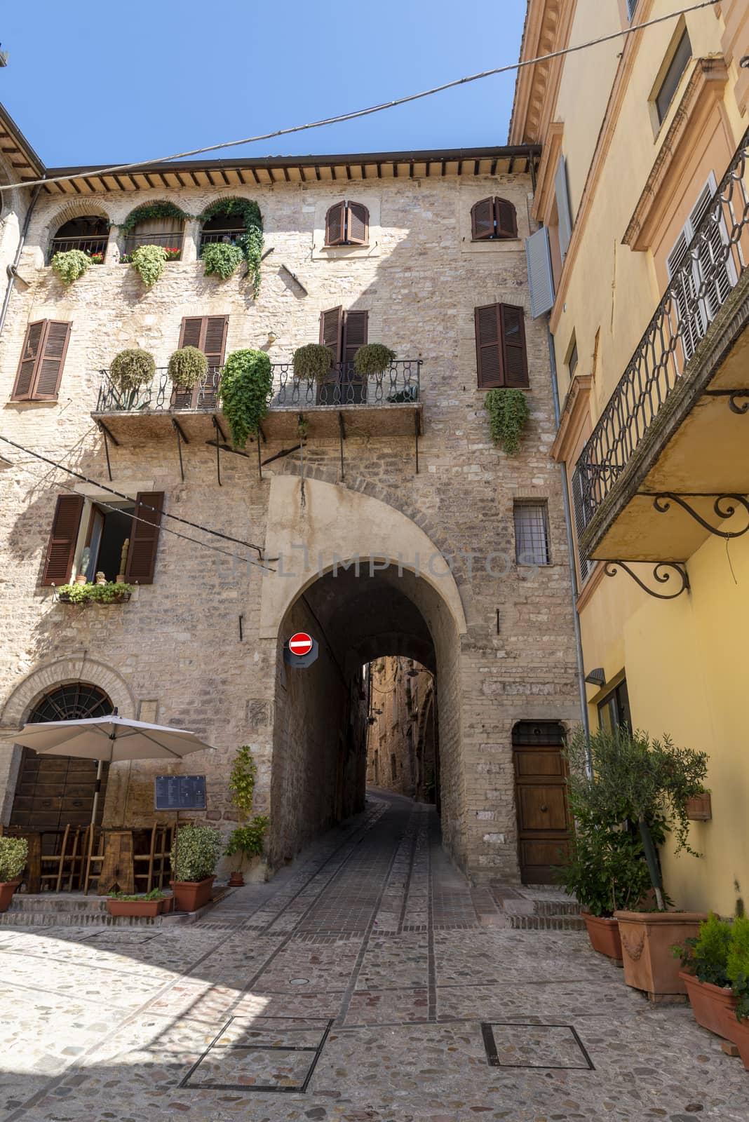 spello,italy june 27 2020 :door that leads to the spello viewpoint