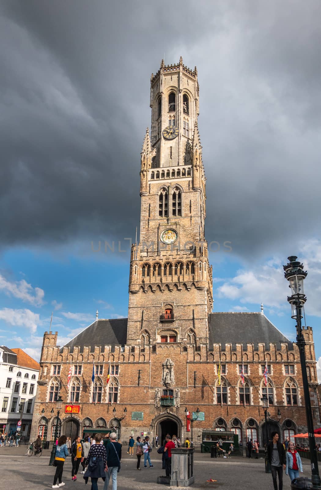 Frontal view on Belfry and part of Markt in Bruges, Flanders, Be by Claudine