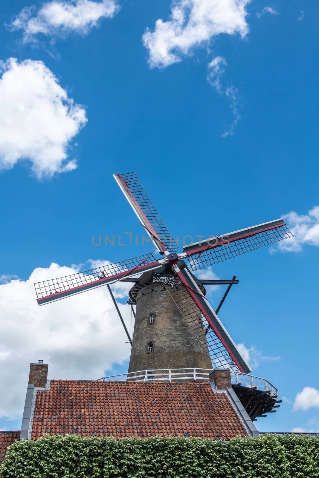 Sluis, the Netherlands -  June 16, 2019: The iconic brick-stone windmill, named Molen Van Sluis, and its four wings stands under deep blue sky with white clouds. Red roof, greem foliage at bottom.