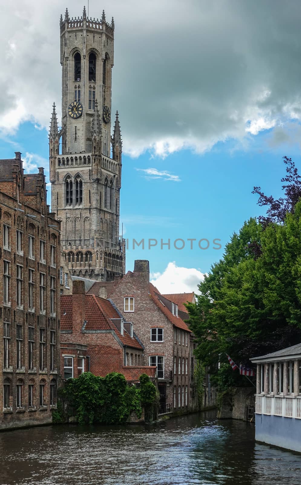 Belfry from Huidevettersplein, Bruges, Flanders, Belgium. by Claudine
