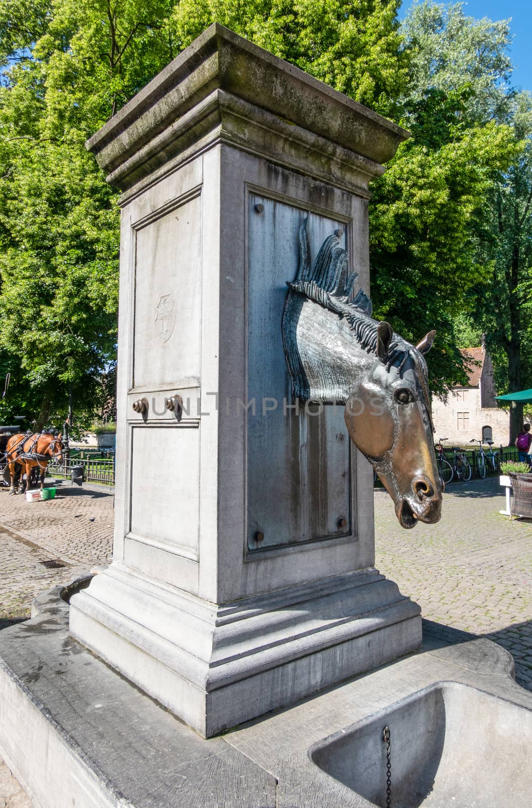 Bruges, Flanders, Belgium -  June 17, 2019: Gray stone water pump with horse head as faucet especially for horses of carriages near beguinage. Green foliage, brown horse in back.