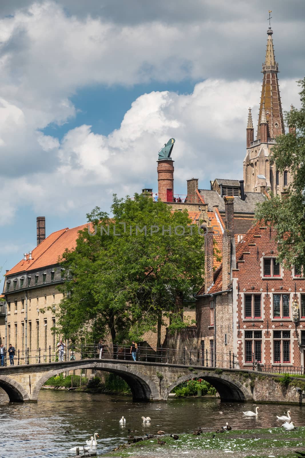 Bruges, Flanders, Belgium -  June 17, 2019: Bridge over canal with swans to beguinage with brewery building and chimneys in back, plus spire of Notre Dame Cathedral, all under cloudscape.