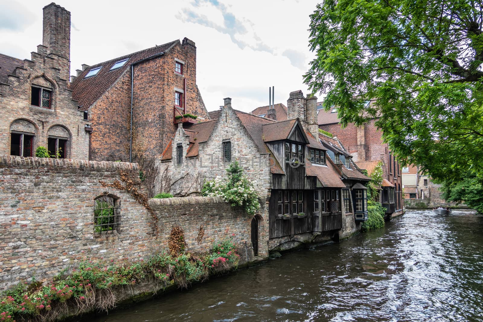Bruges, Flanders, Belgium -  June 17, 2019: Dark brown wooden facade among other brown brick stone facades along black water canal. Green foliage and white clouds.