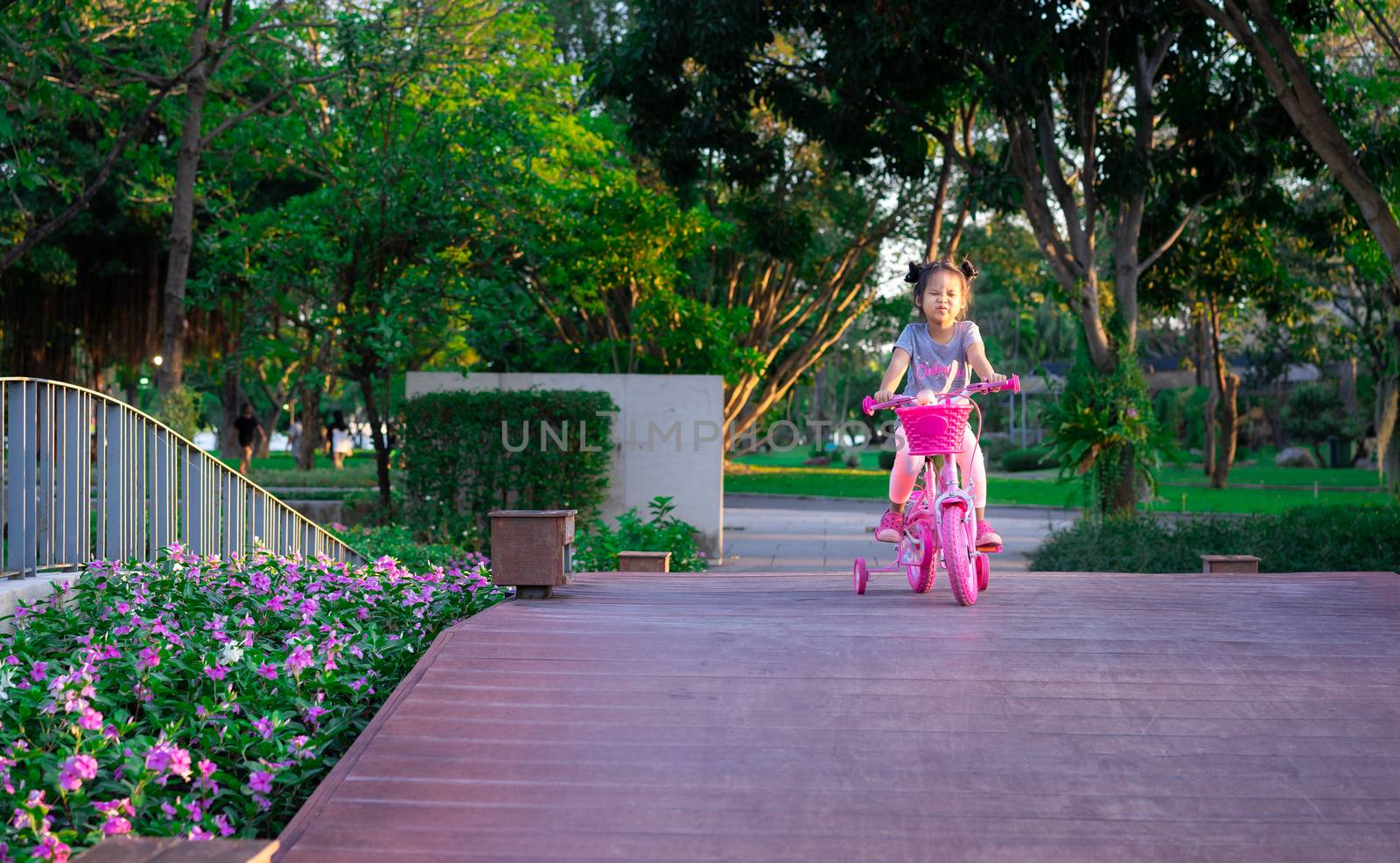 Cute little asian girl riding a bicycle to exercise in park, kids sport and active lifestyle