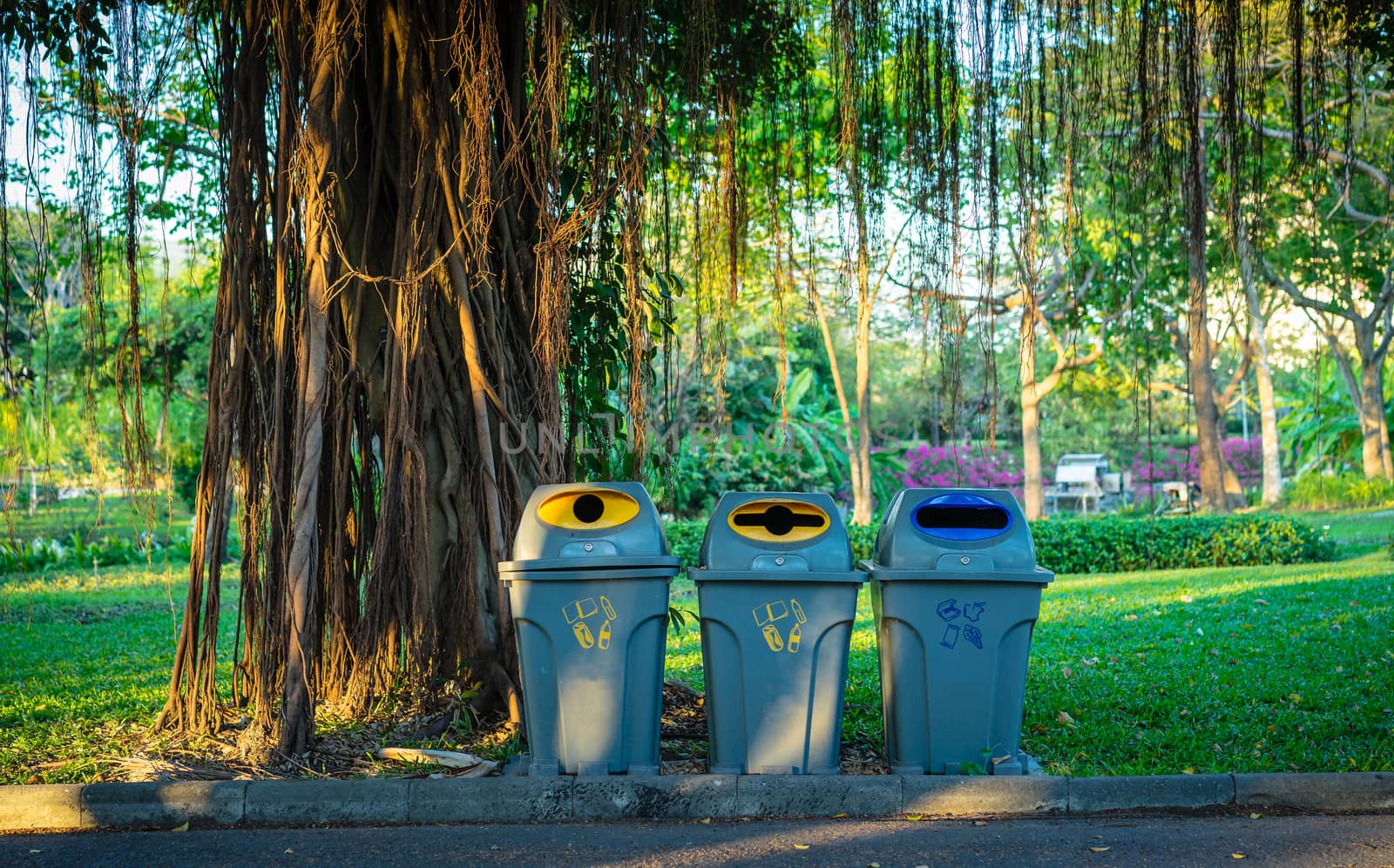 Three trashcans in a park with green tree and plants background in public park