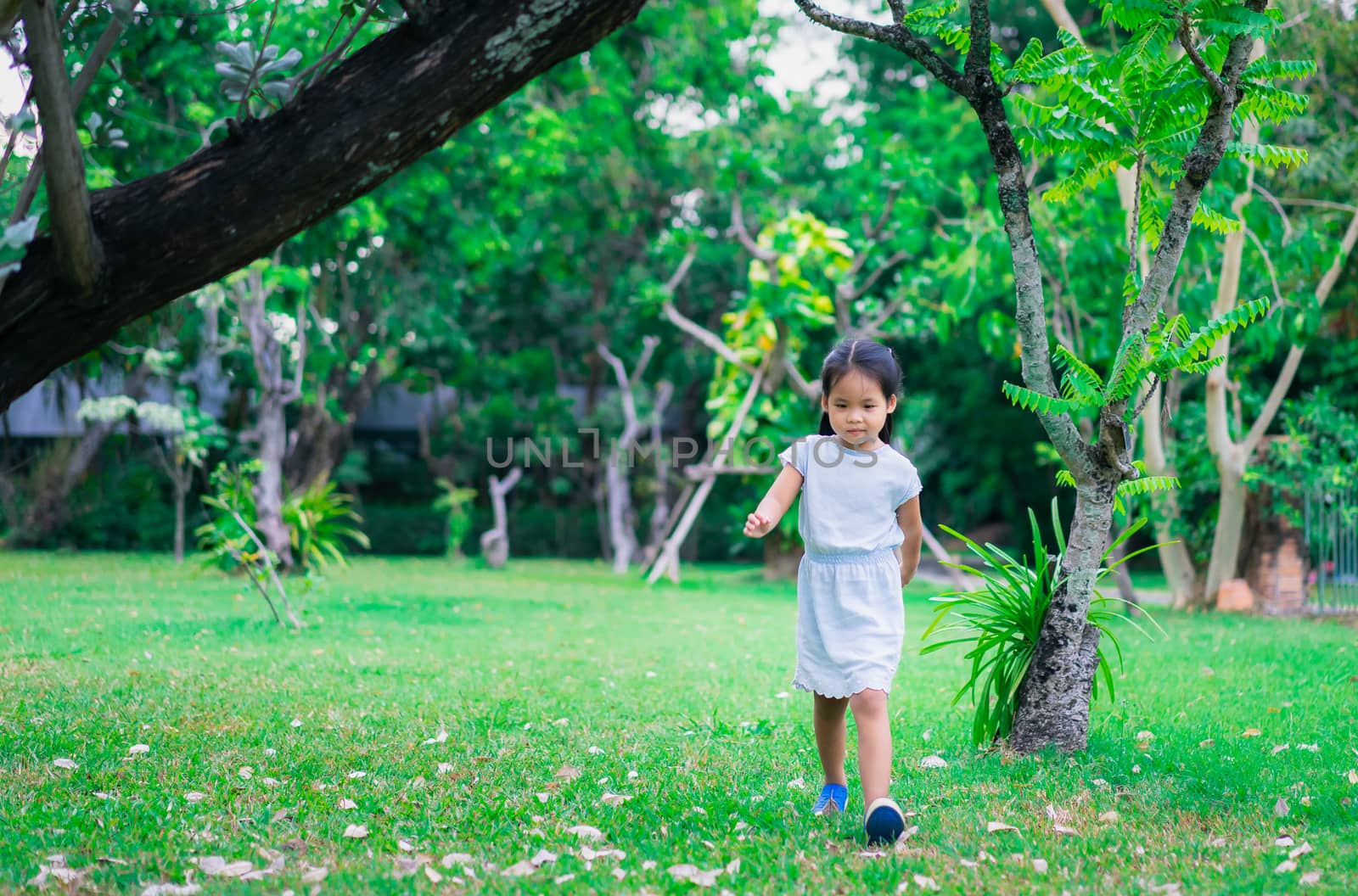 Cute asian little girl walking in the park