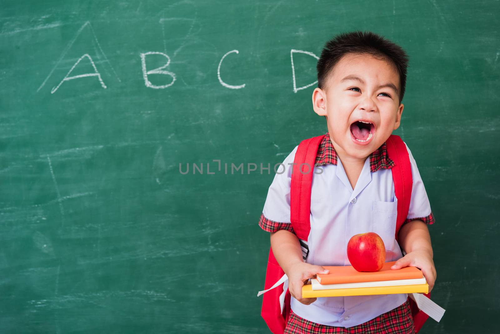 Back to School. Happy Asian funny cute little child boy from kindergarten in student uniform with school bag holding red apple on books smile on green school blackboard, First time to school education