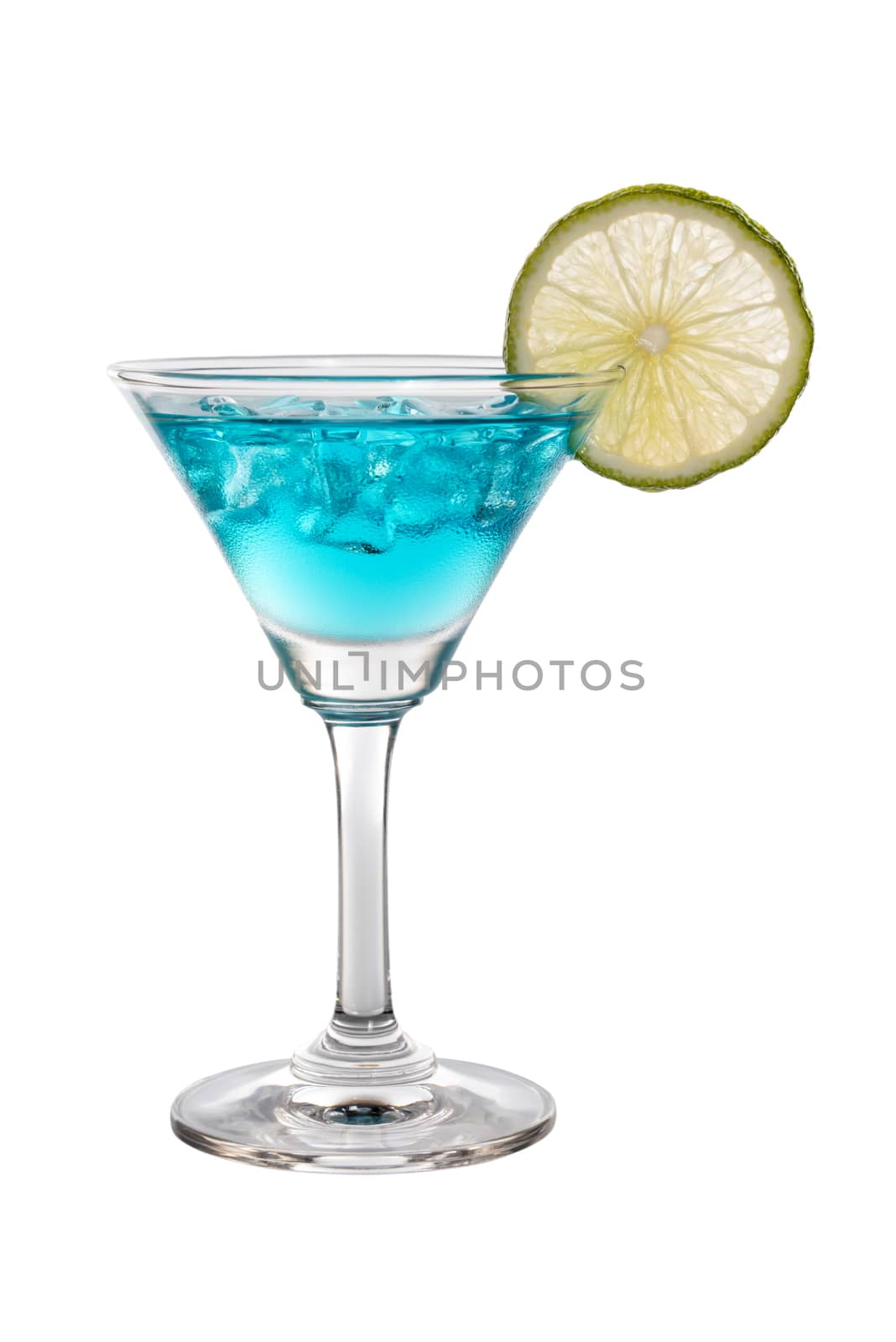 lime water with ice in cocktail glass isolated on white background