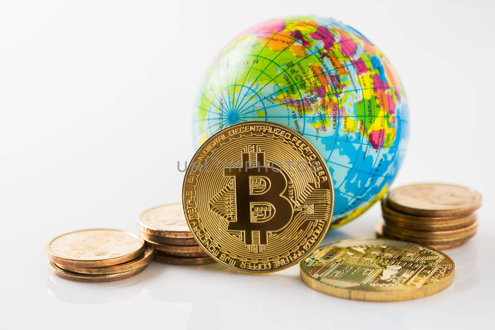 Cryptocurrency golden bitcoin , dollars money and globe , digital currency concept