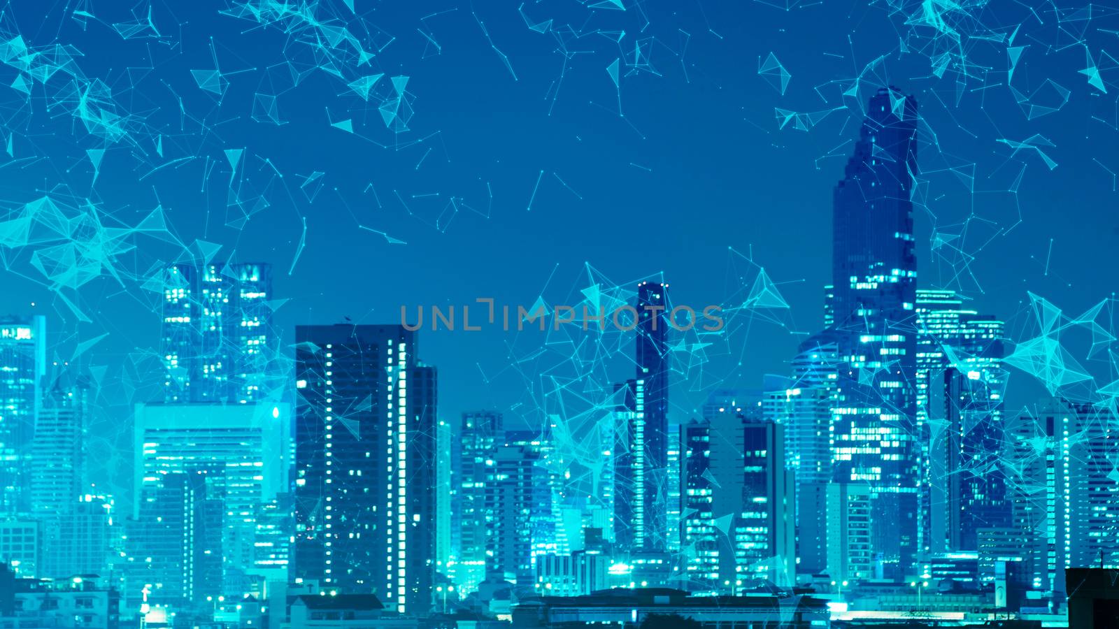 abstract dot and line connection on night city background