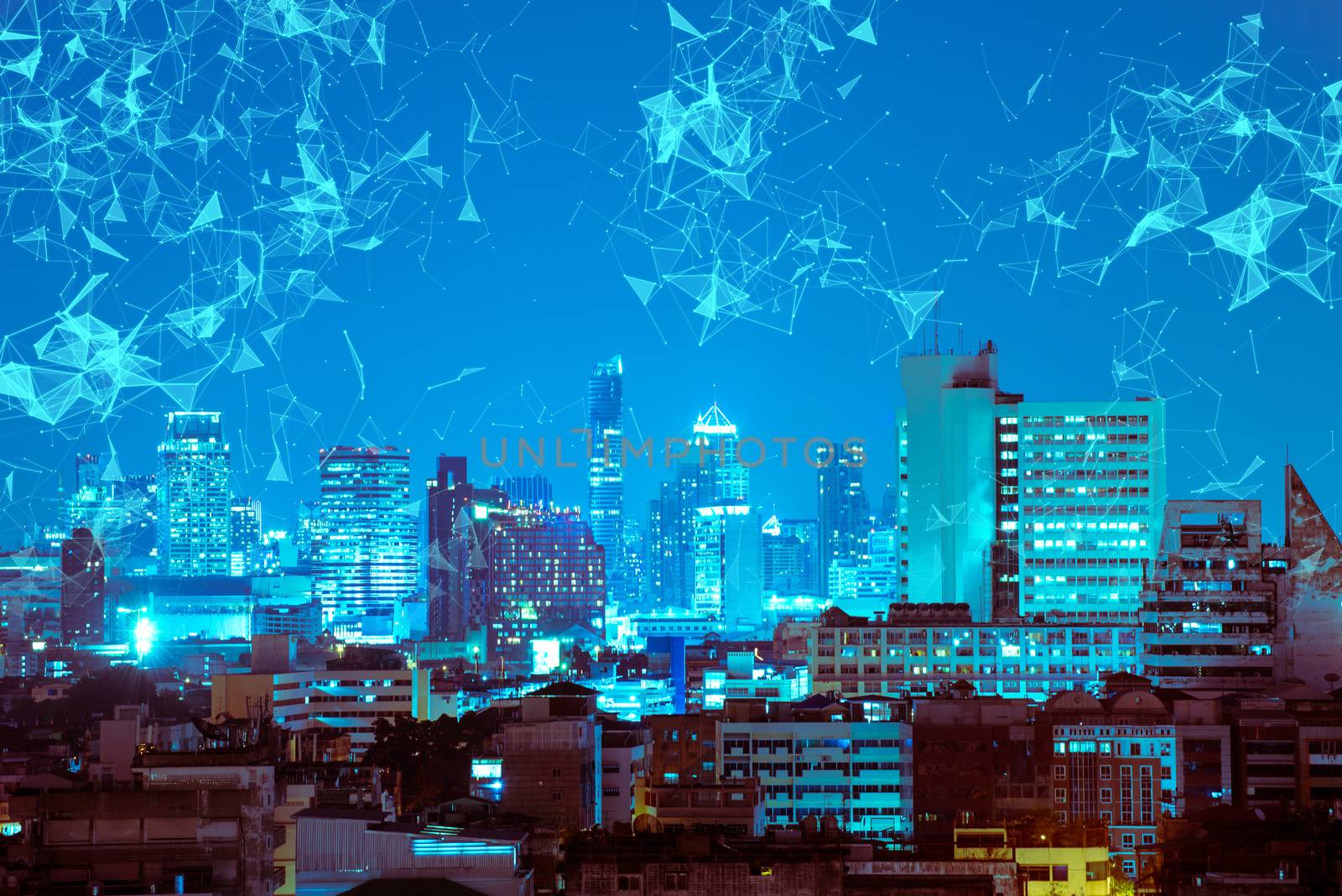 abstract dot and line connection on night city background