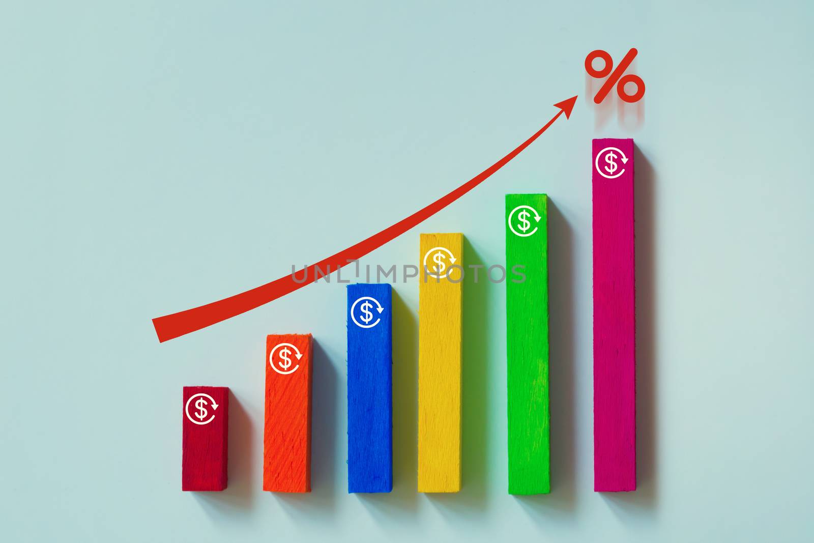 Rising bar graph with red arrow and percent icon. time value of money / financial concept : Risk management business financial and managing investment percentage for long term growth.