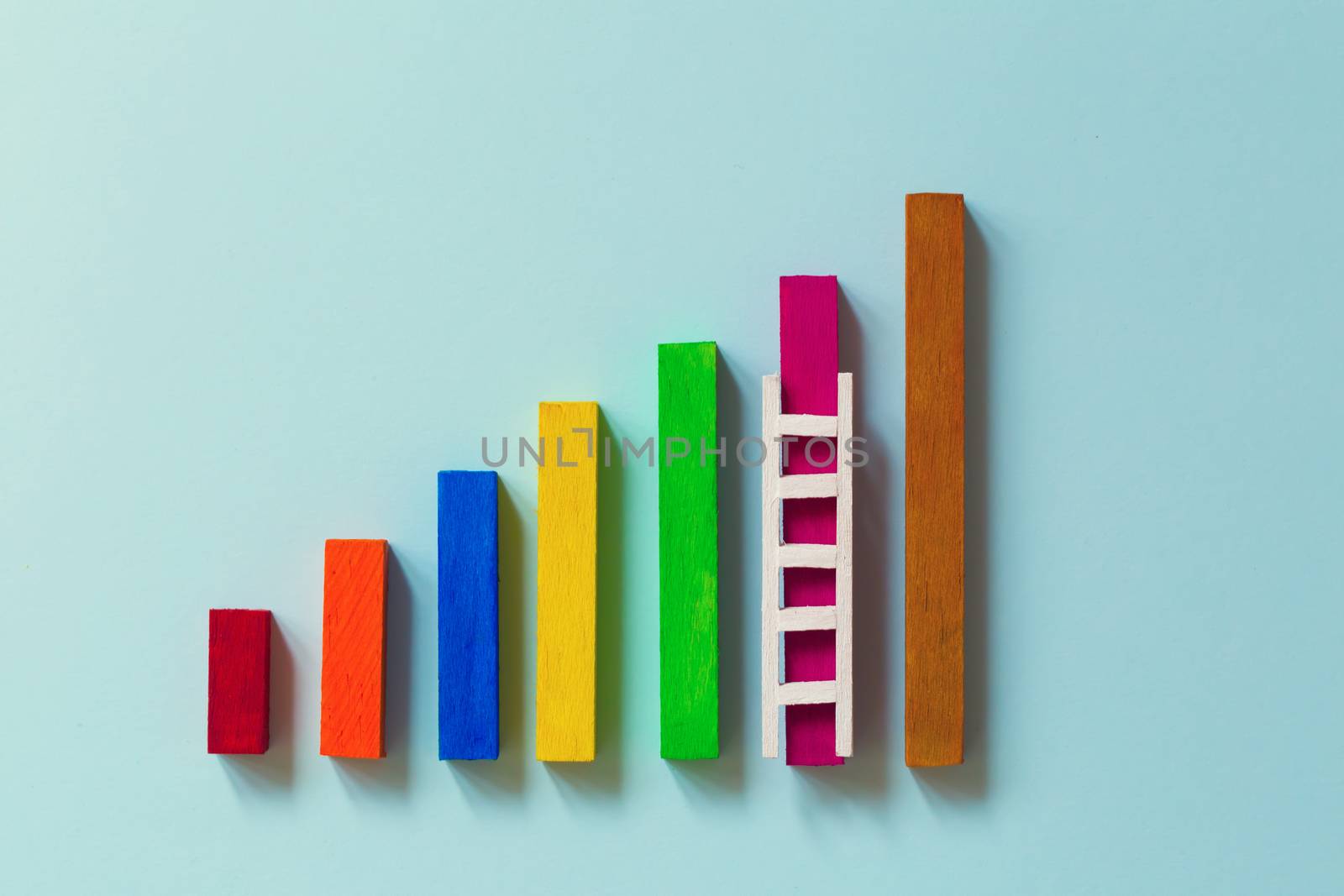 Arrange rising bar graph with stair. Concept of analysing information / Business concept growth success process : depicts the increment in annual financial budget or revenues of long term growth.