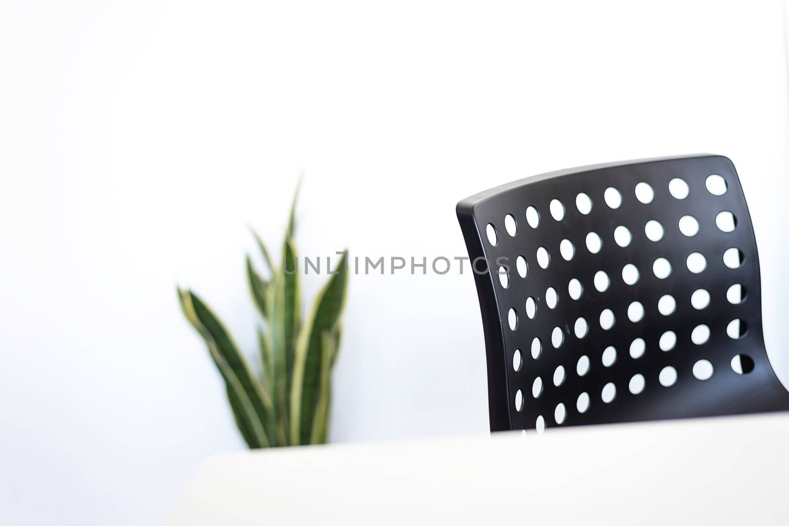 Minimalism home workplace with white desktop and black chair by raferto1973