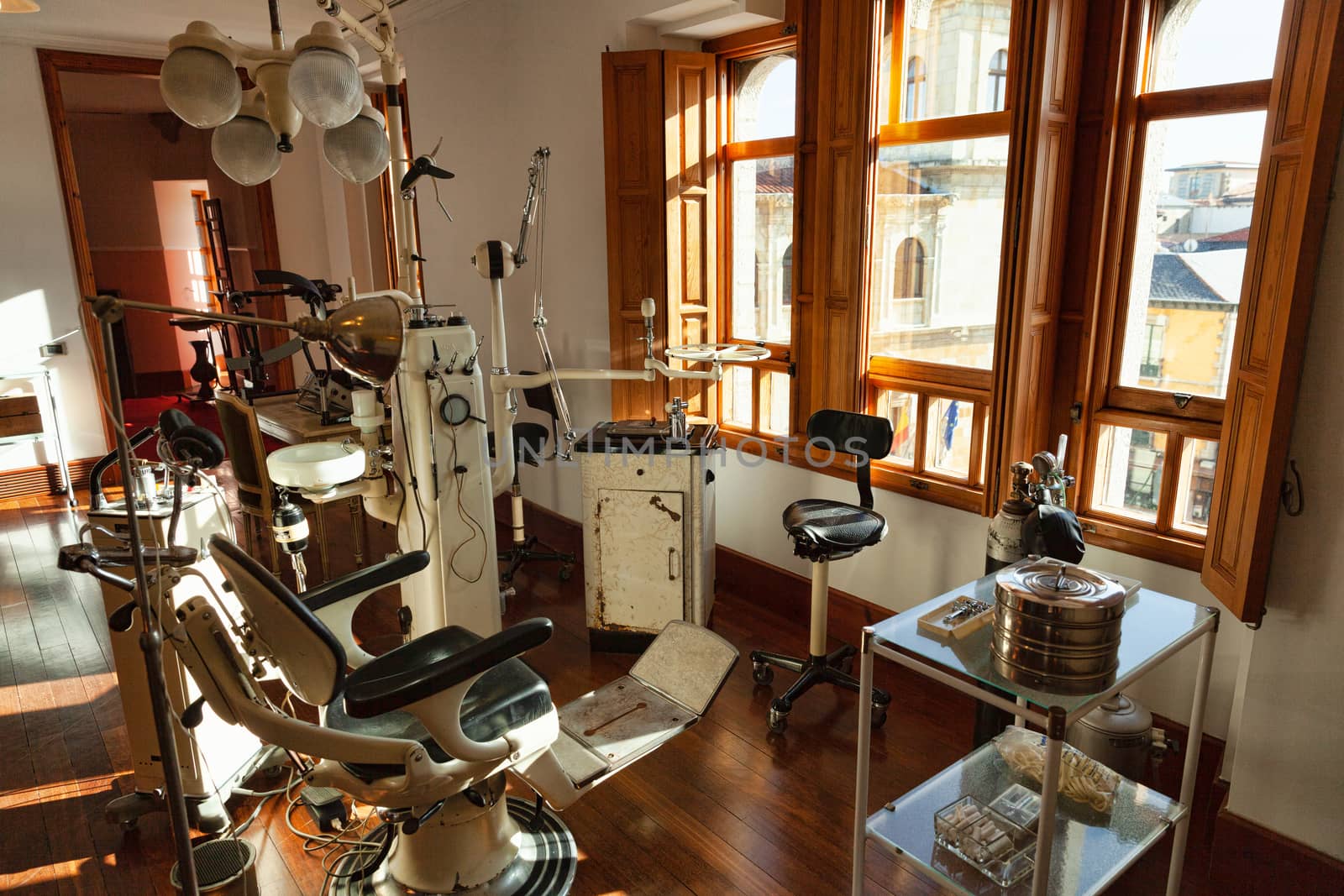 Leon, Spain - 9 December 2019: Vintage dentist cabinet in Casa Botines