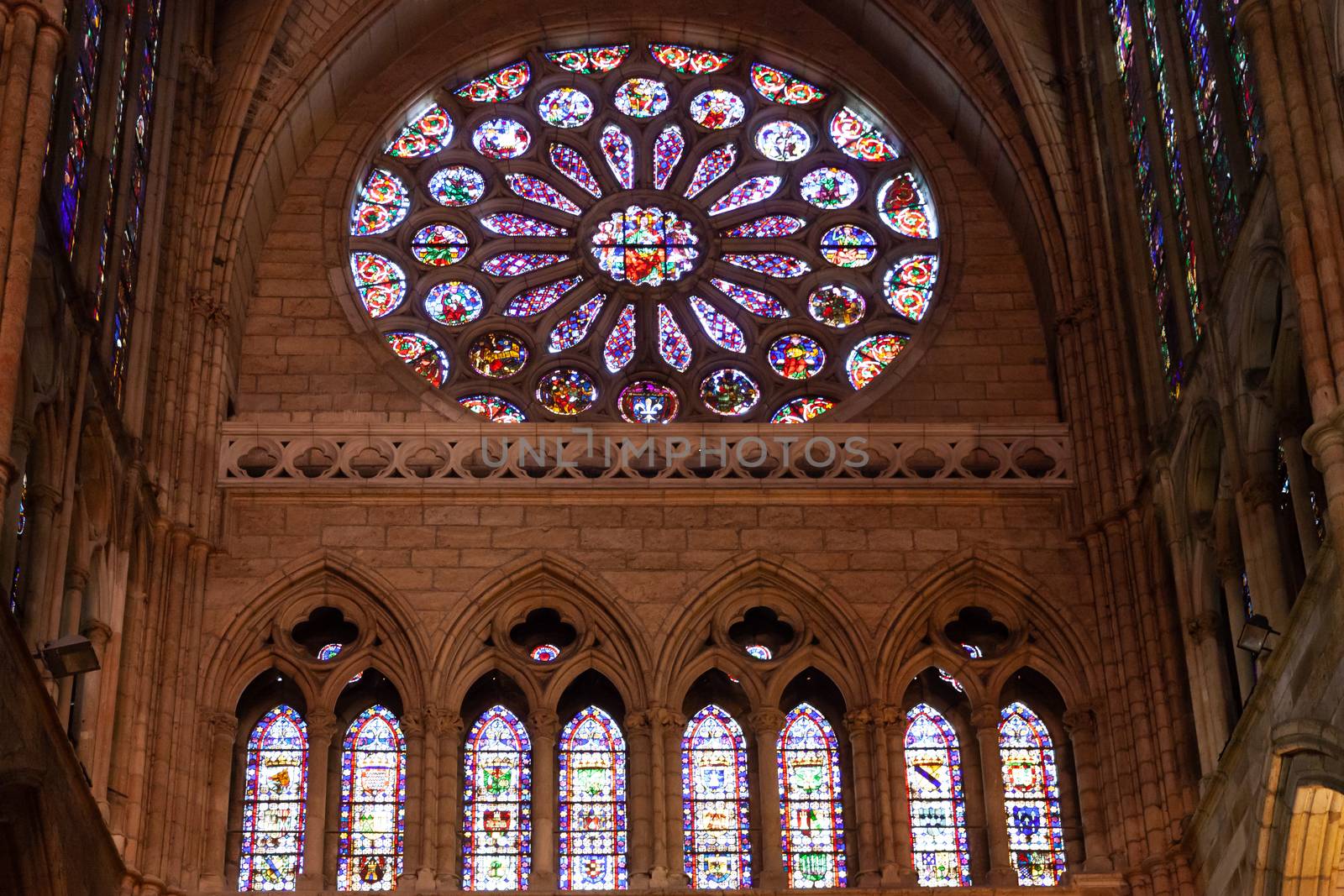 Leon, Spain - 10 December 2019: Interior of Leon Cathedral, rose window