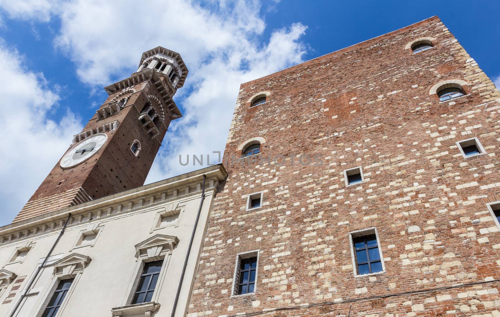 Verona, Northern Italy. Lamberti Tower (Torre dei Lamberti). Popular touristic european destination. Verona city view.