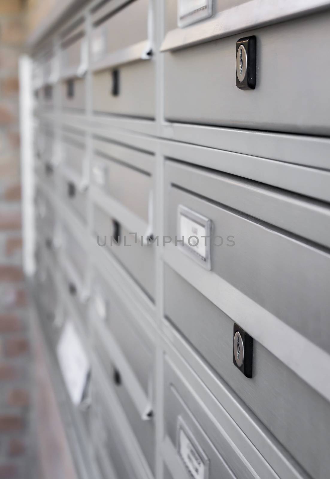 Close up view of new aluminum letter boxes