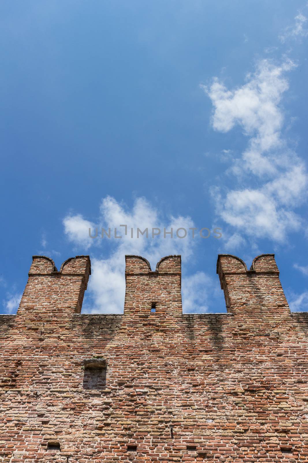 Ancient wall of Castelvecchio fortress in Verona, Italy. The medieval Castelvecchio was built between 1354 and 1356.