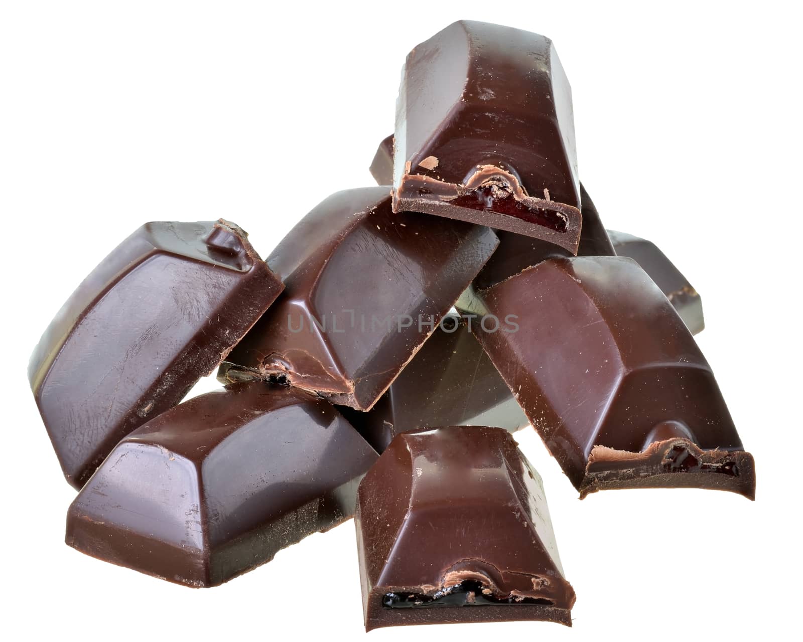 Broken chocolate bar isolated on a white background.