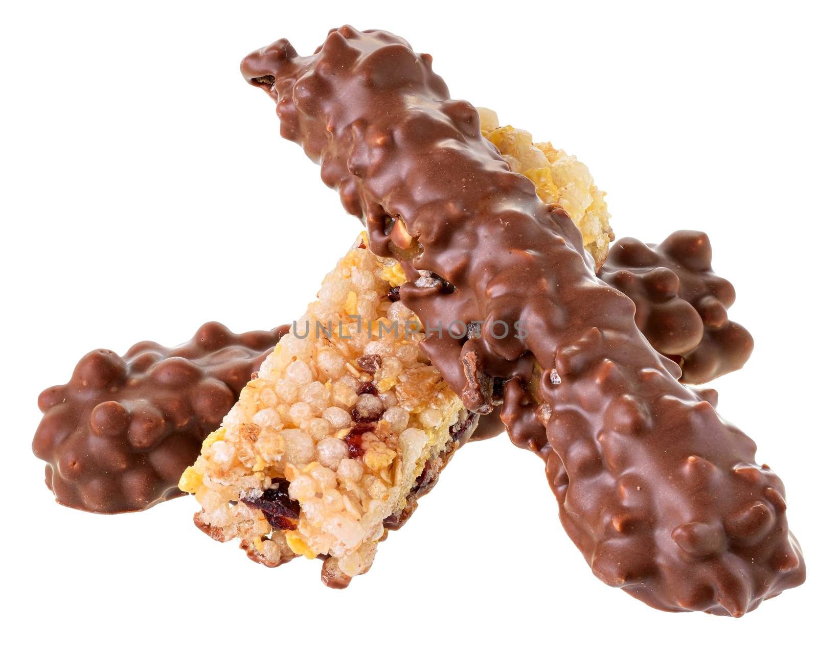  Chocolate bar with peanut, caramel and puffed rice isolated on a white background.