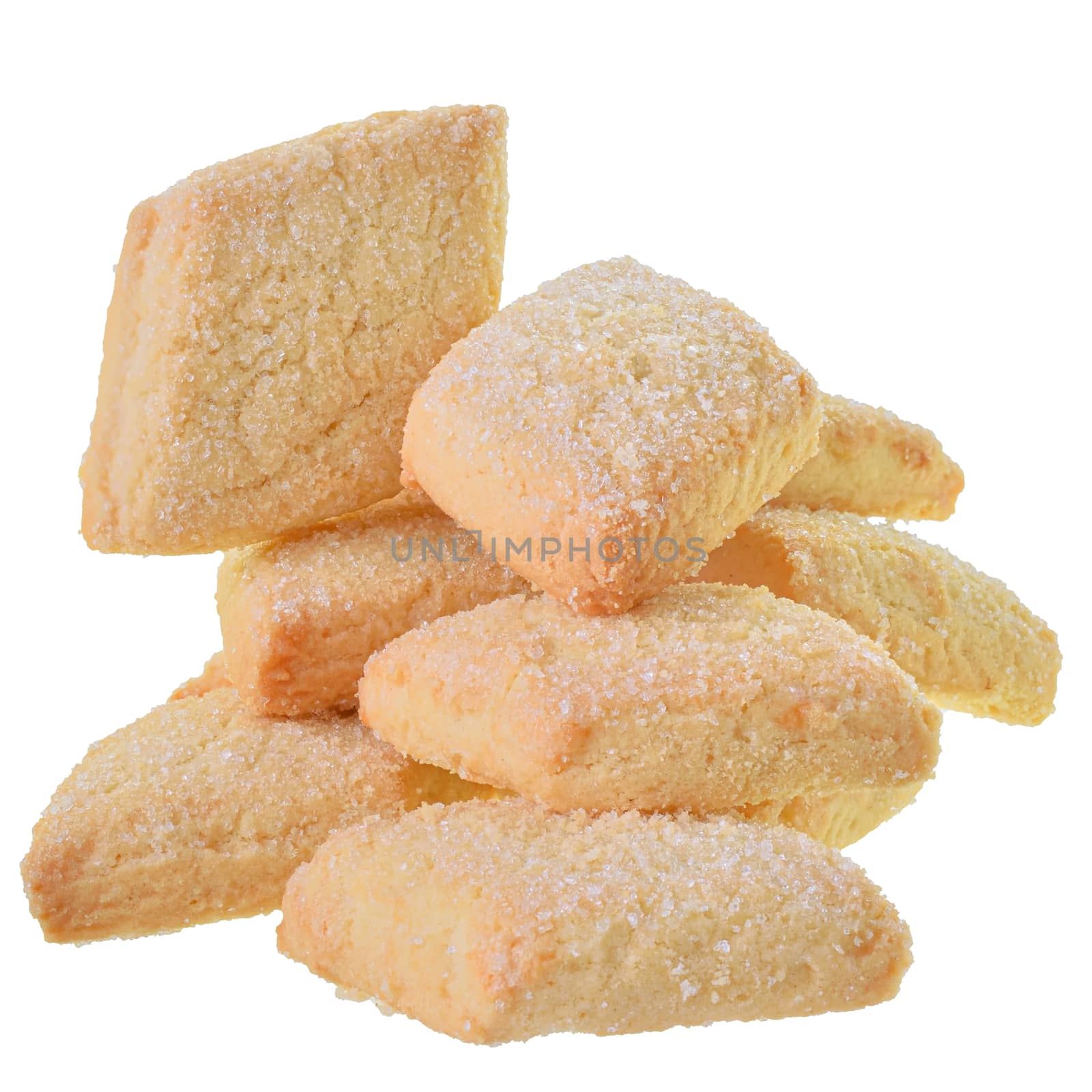 Homemade shortbread cookies isolated on white background.