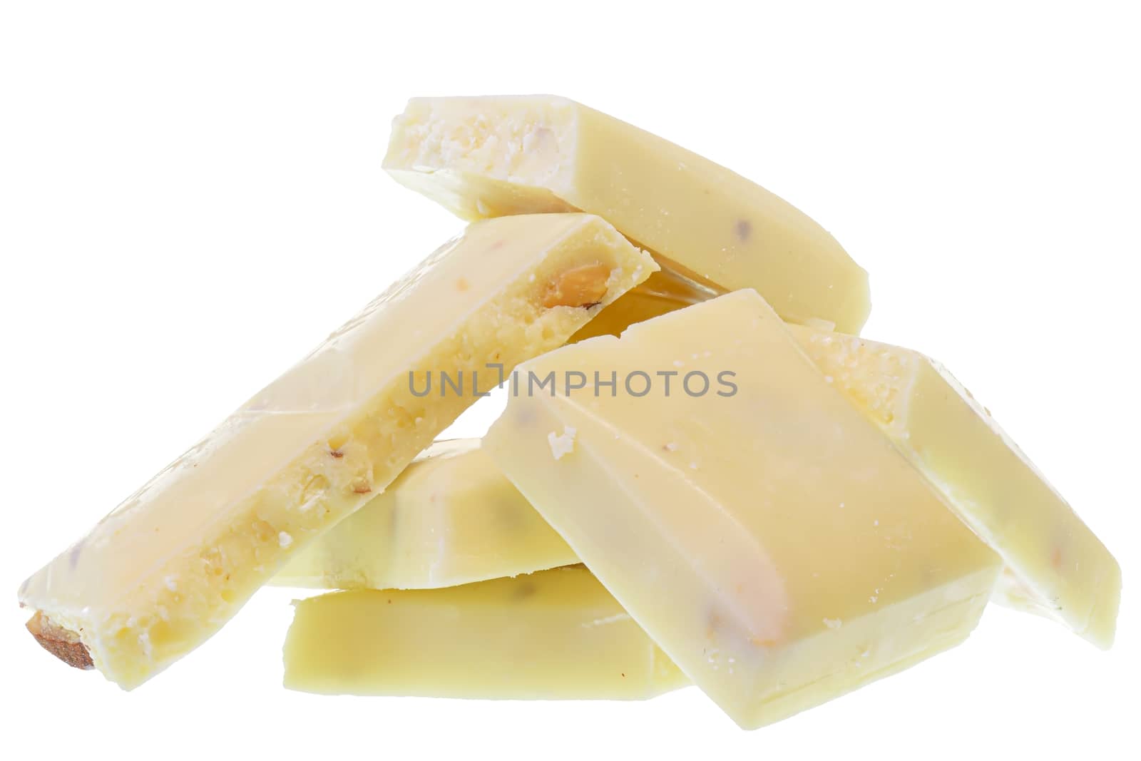Broken white chocolate with whole almond nuts Isolated on a white background.