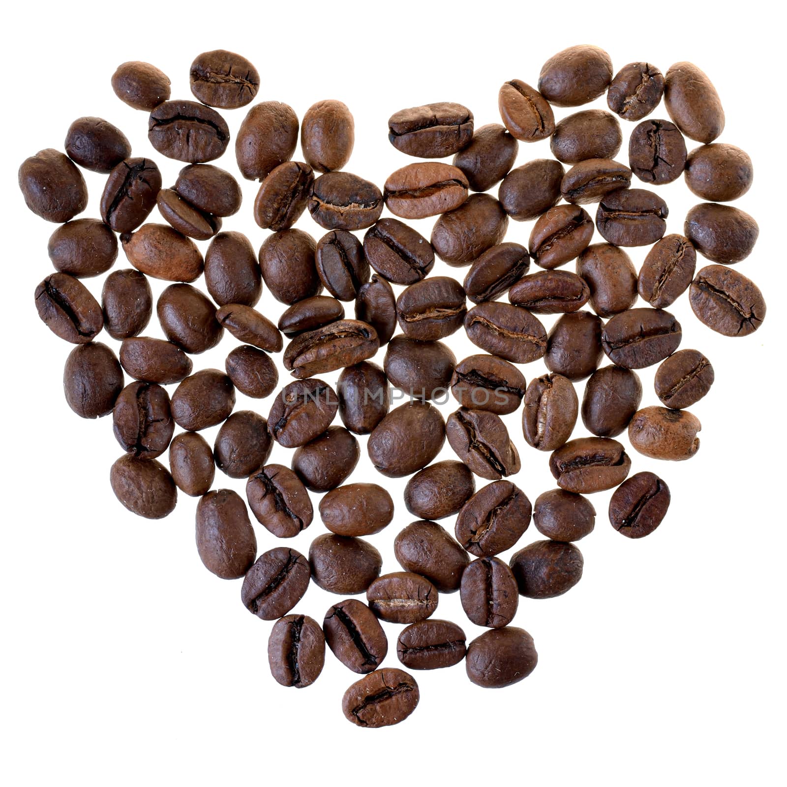 Heart made from coffee beans isolated on a white background.