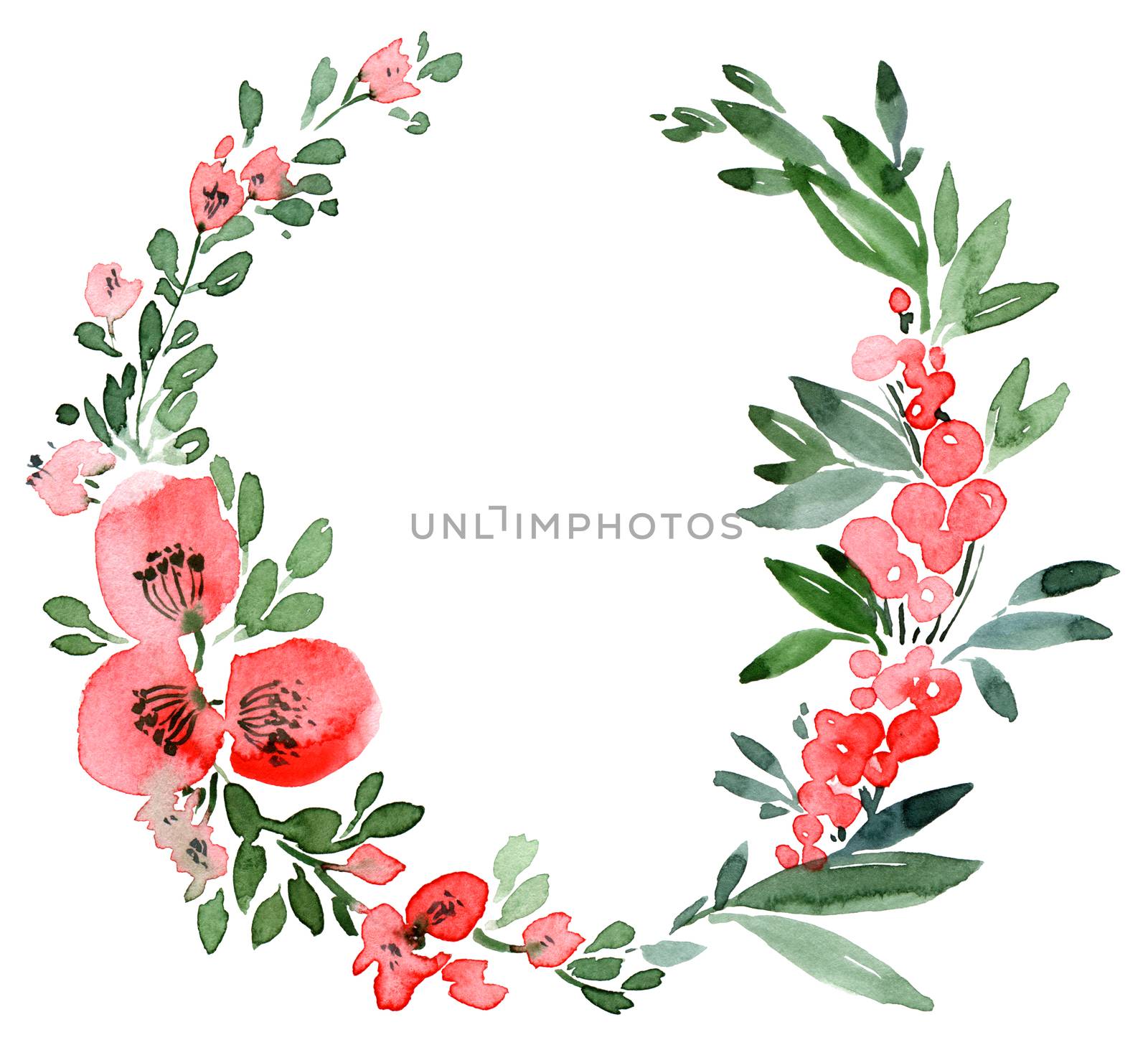 Floral wreath with poppy flowers, leaves and berries. Botanical illustrations. Watercolor frame.