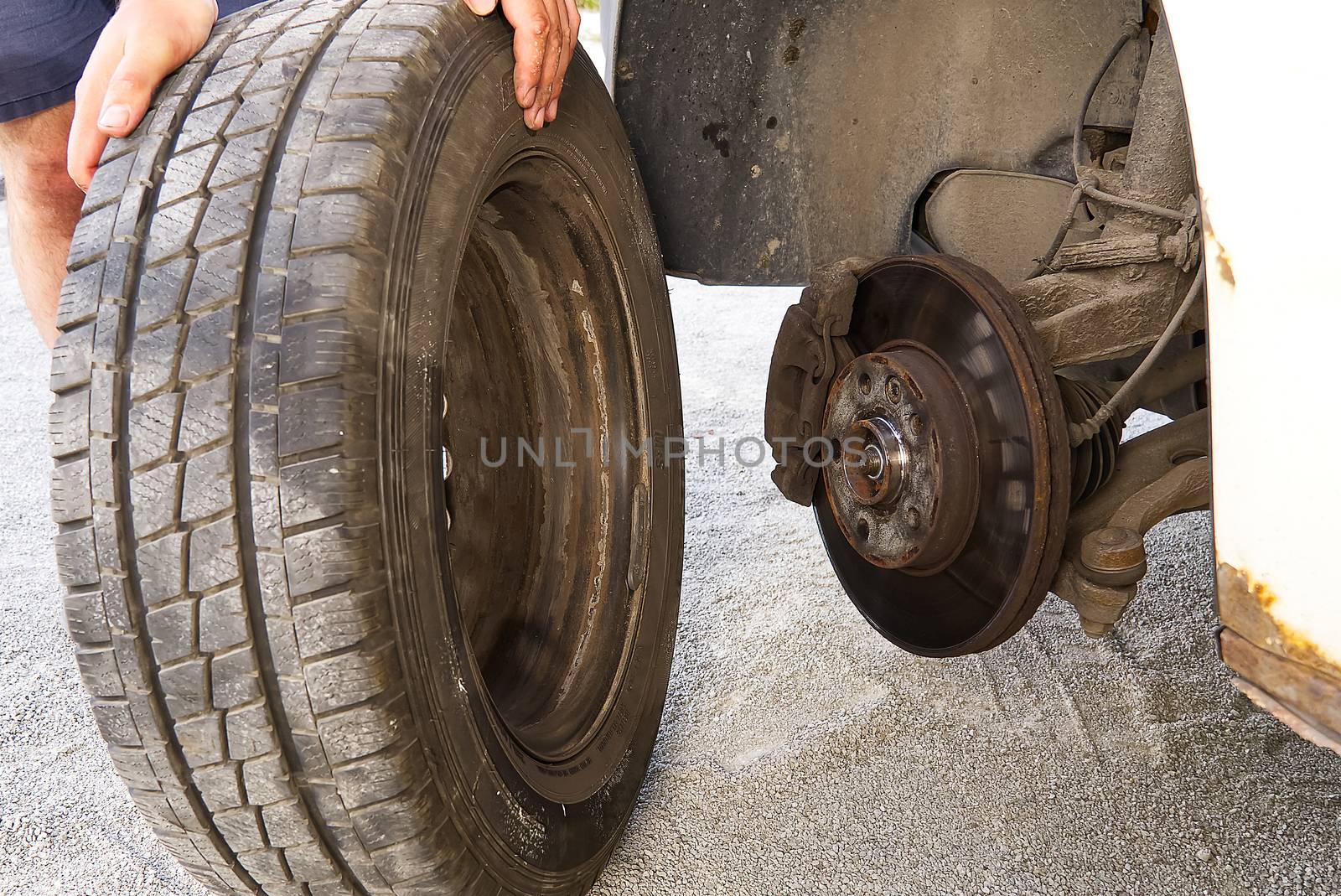 dismantling, mounting a car wheel to replace tires or replace brakes on an old car. Self-changing tires and wheel diagnostics