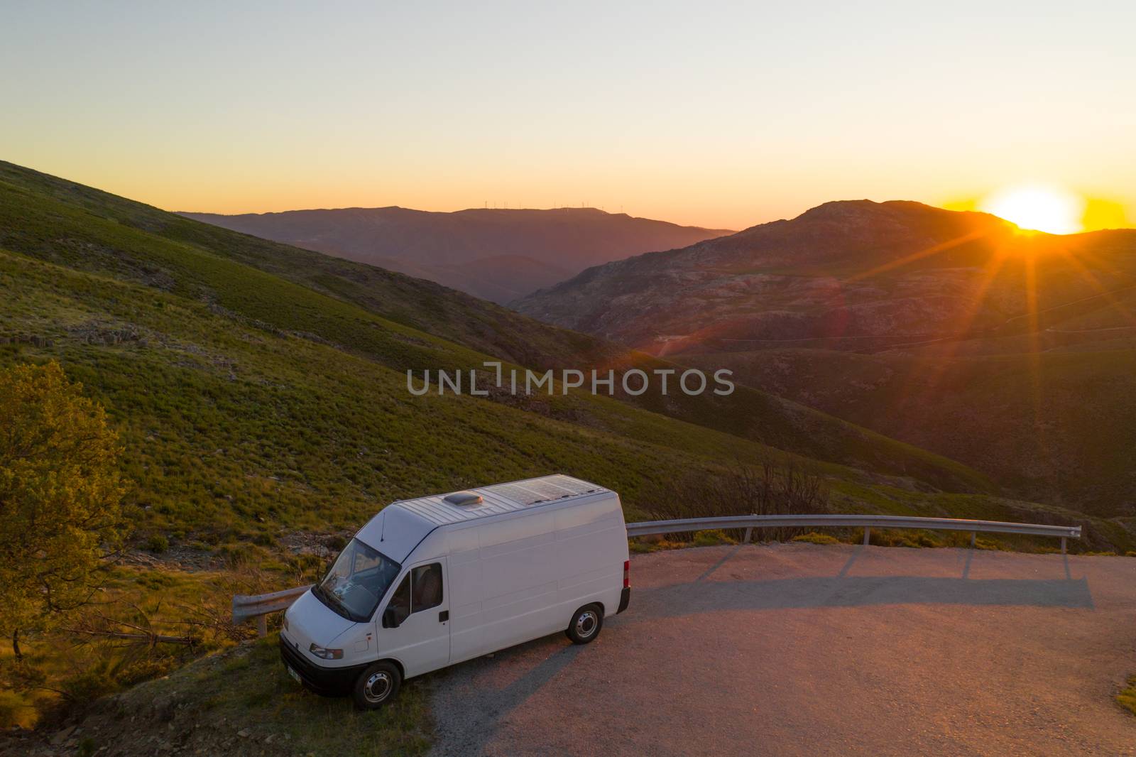 Camper van drone aerial view in Serra da Freita in Arouca Geopark at sunset, in Portugal by Luispinaphotography