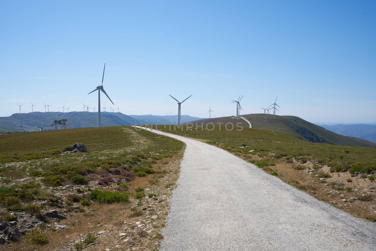 Serra da Freita Arouca Geopark wind turbines landscape, in Portugal