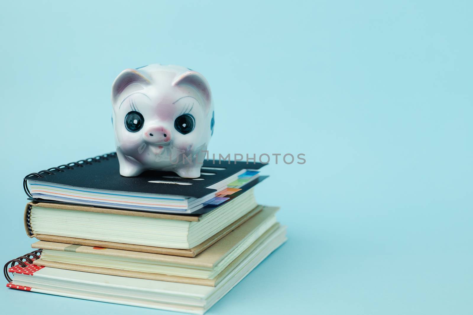 Saving piggy bank on books against blue background for save money and education financial concept