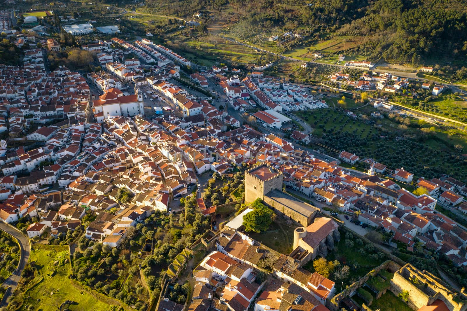 Castelo de Vide drone aerial view in Alentejo, Portugal from Serra de Sao Mamede mountains