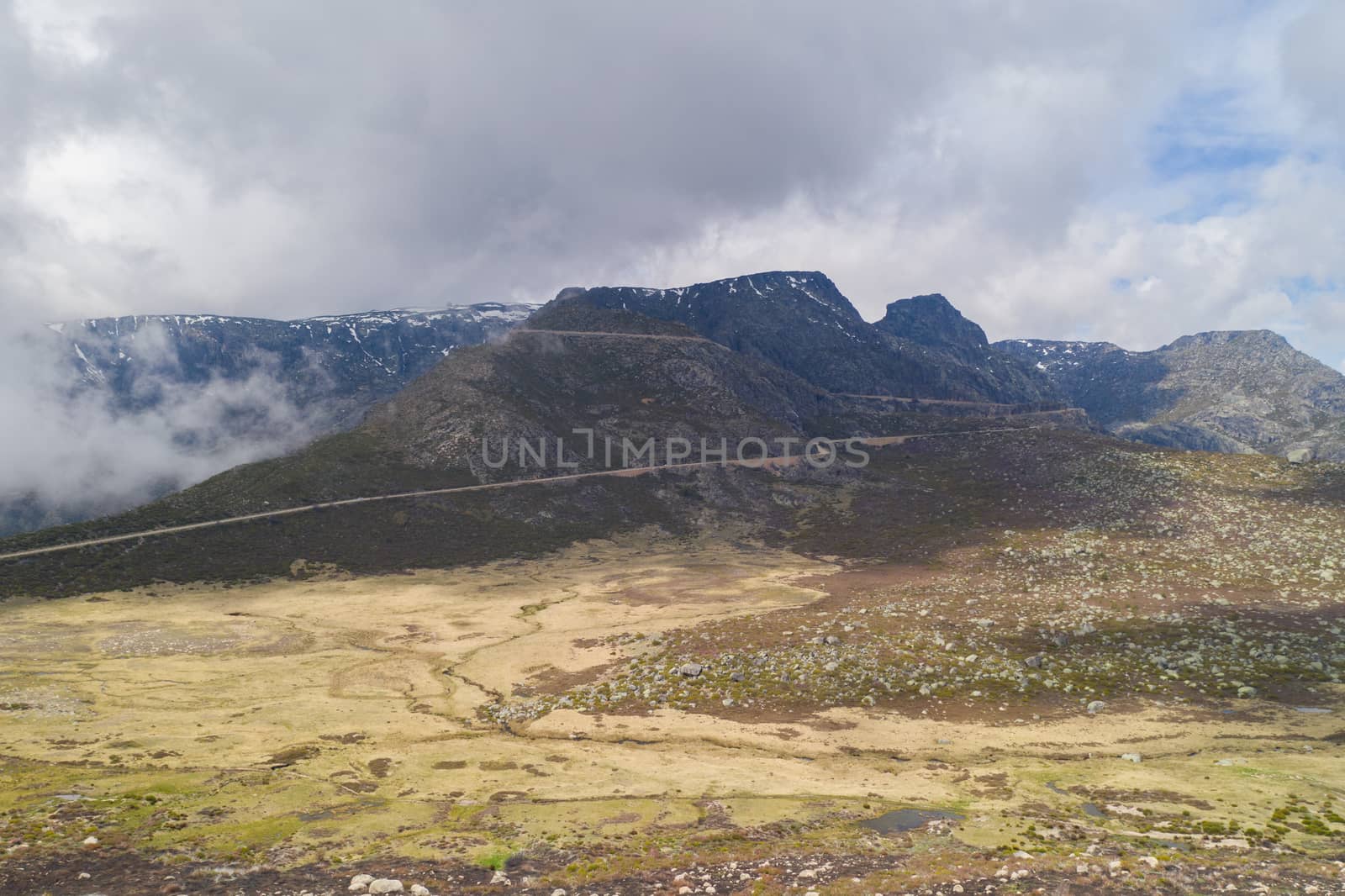 Aerial drone view landscape of Vale Glaciar do Zezere valley in Serra Estrela, Portugal