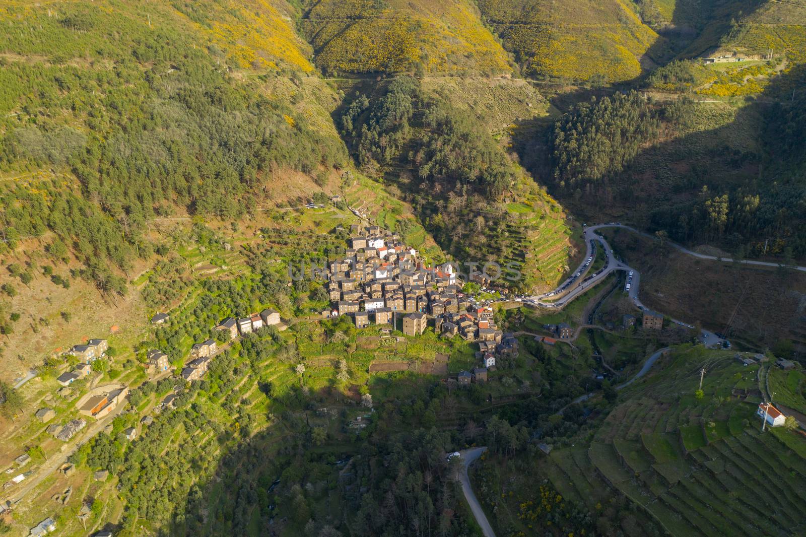 Piodao aerial drone view of schist shale village in Serra da Estrela, Portugal