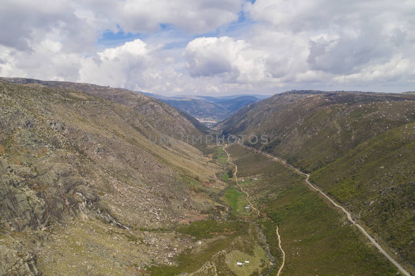 Aerial drone view landscape of Vale Glaciar do Zezere valley in Serra Estrela, Portugal