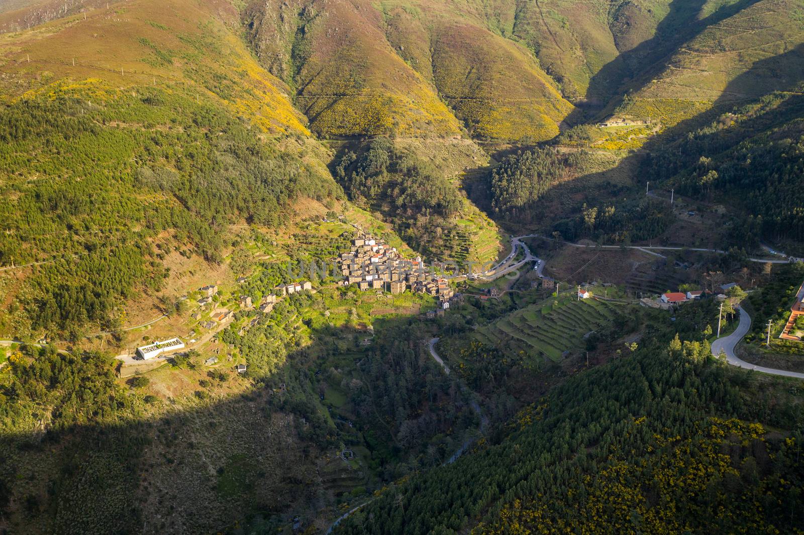 Piodao aerial drone view of schist shale village in Serra da Estrela, Portugal by Luispinaphotography