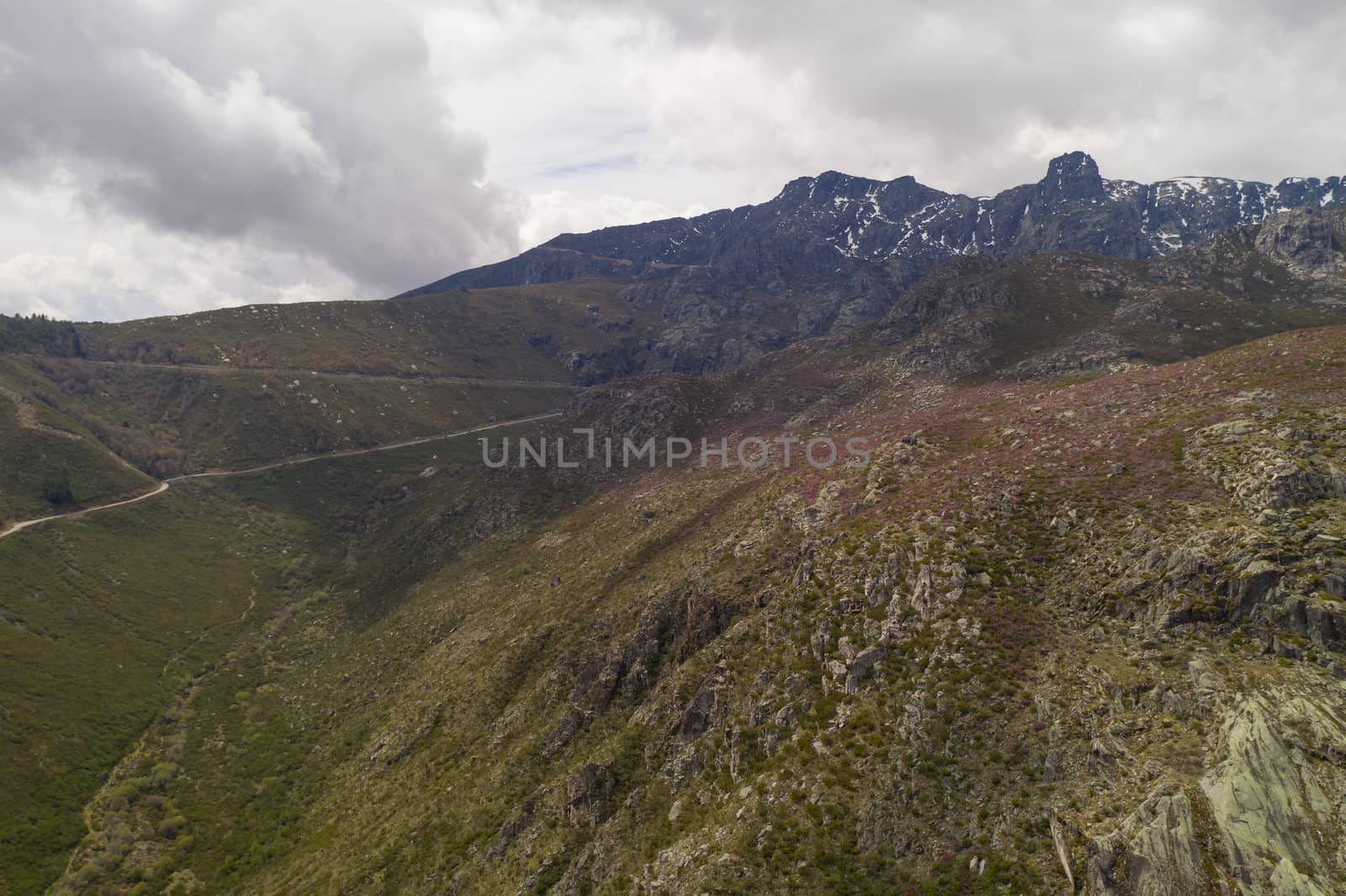 Aerial drone view landscape of Vale Glaciar do Zezere valley in Serra Estrela, Portugal