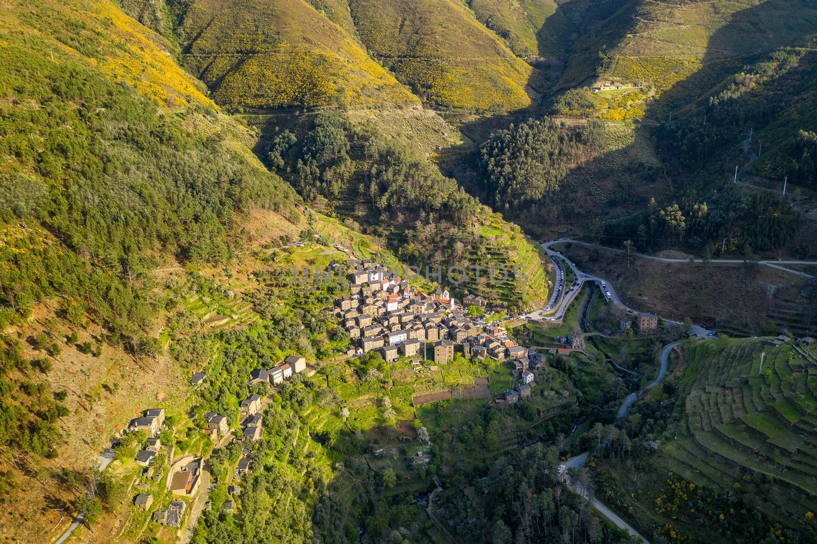 Piodao aerial drone view of schist shale village in Serra da Estrela, Portugal