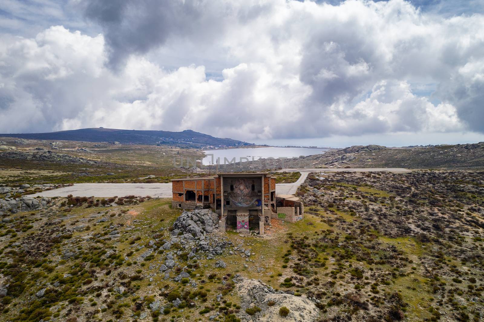 Aerial drone view of the abandoned cableway building in Serra da Estrela, Portugal